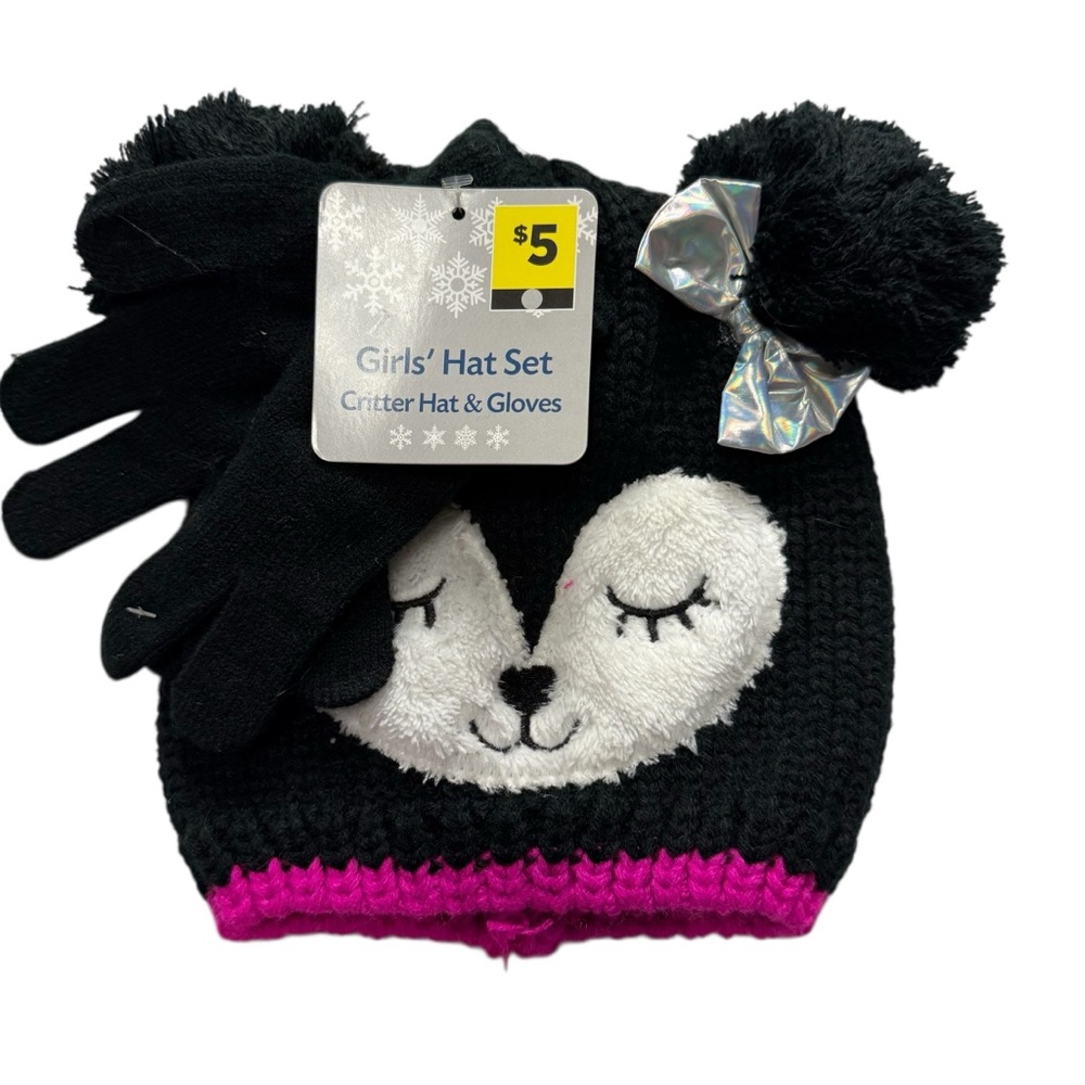 Girls' Winter Hat & Gloves Set Black Knit Critter Beanie with Silver Bow NWT - Picture 1 of 7